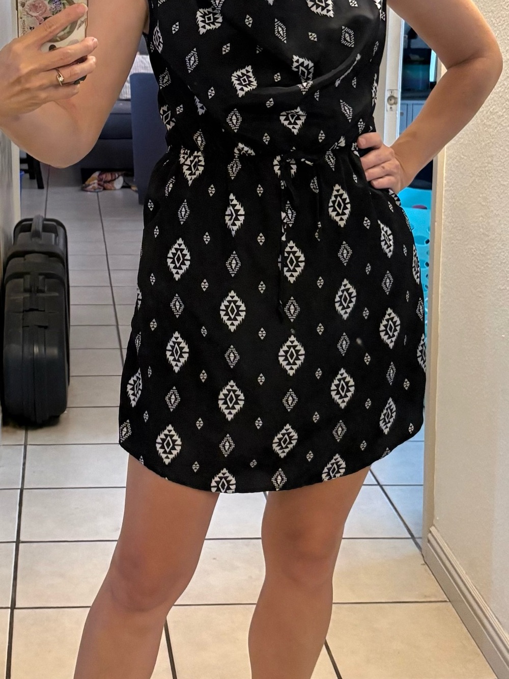 Feathers Womens Small Black Aztec Print Sleeveless Midi Dress Peep Back Summer